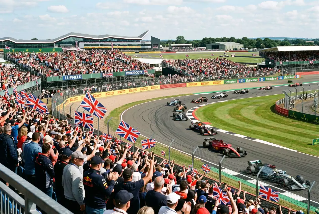 Silverstone circuit grandstands packed with fans waving flags as Formula 1 cars race past on track