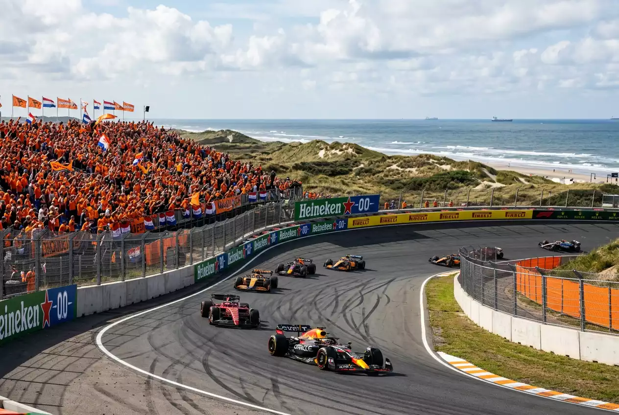 Zandvoort circuit with banked corner profile highlighted for F1 betting analysis at the Dutch Grand Prix
