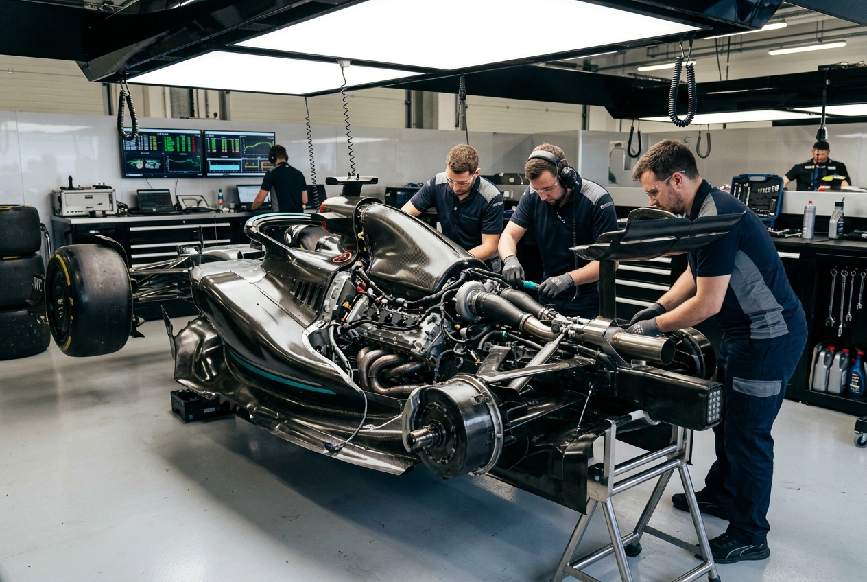 F1 car in the garage during pre-season preparations for the 2026 technical regulation changes