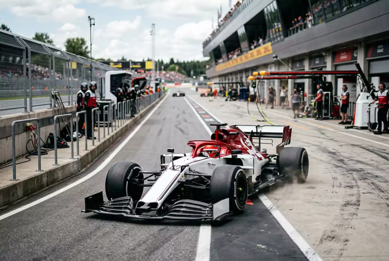 Formula 1 car exiting a pit lane during a race weekend with a sportsbook betting screen in the foreground
