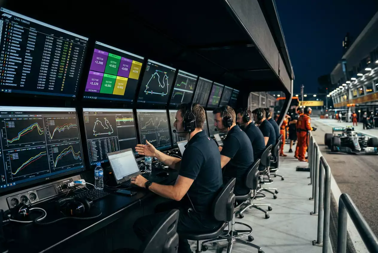 Formula 1 pit wall screens displaying live timing data with sector splits and lap-time comparisons