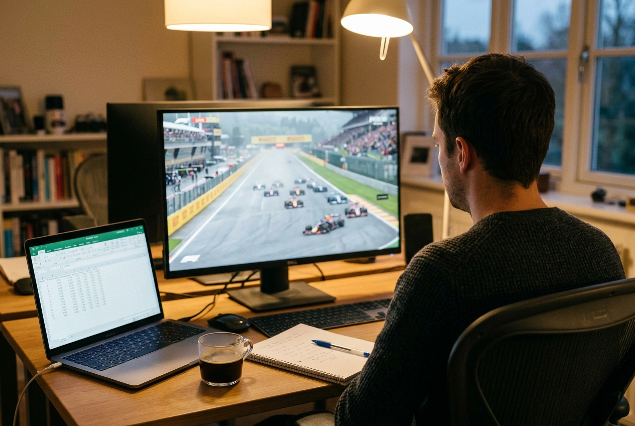Person watching a Formula 1 race on screen while taking notes for bet tracking