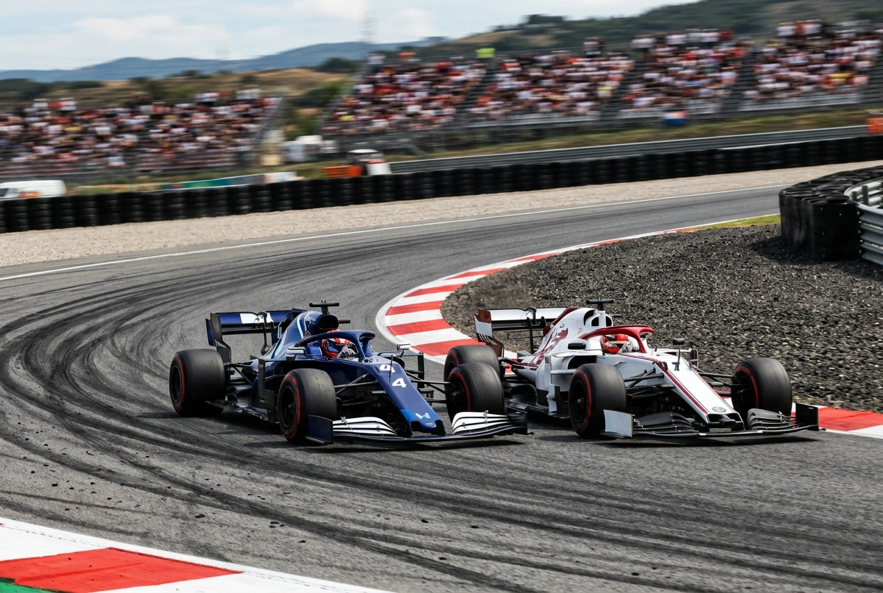 Formula 1 cars racing wheel to wheel during a Grand Prix overtaking battle
