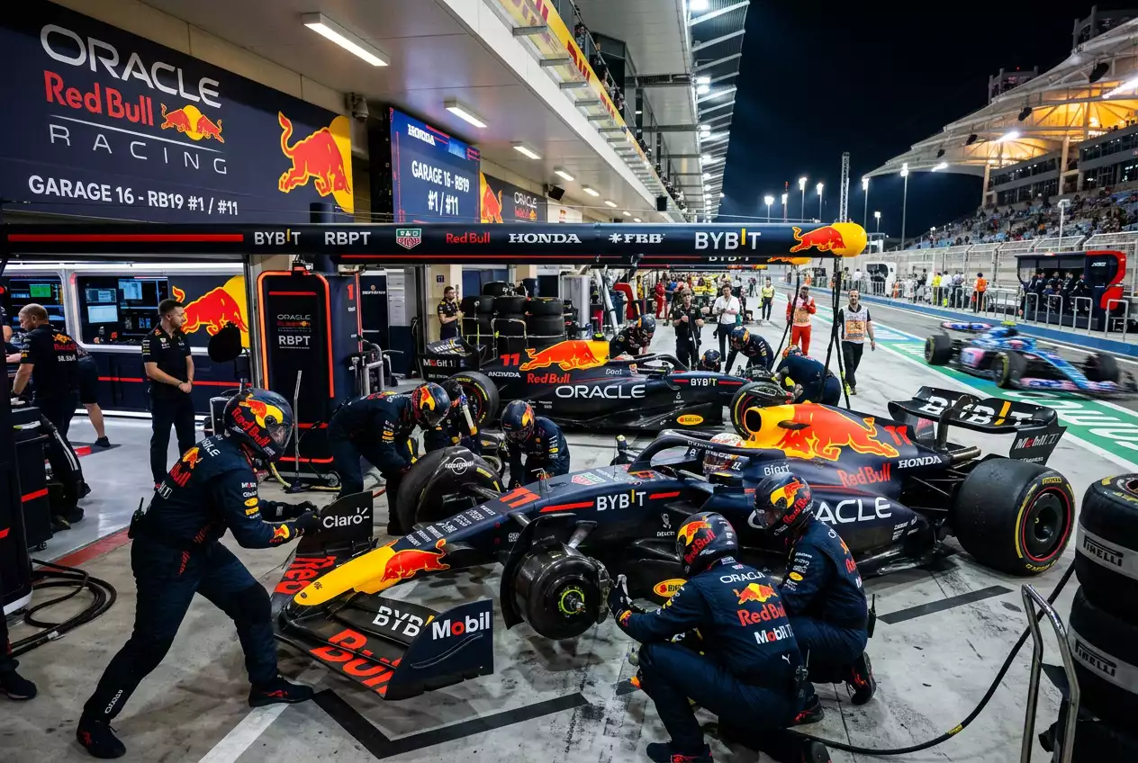 Formula 1 team garage showing both cars with constructors championship points data for betting analysis