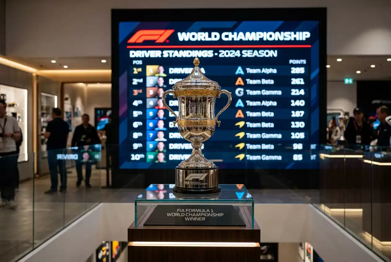 Formula 1 championship trophy on display with a season standings board showing driver points in the background