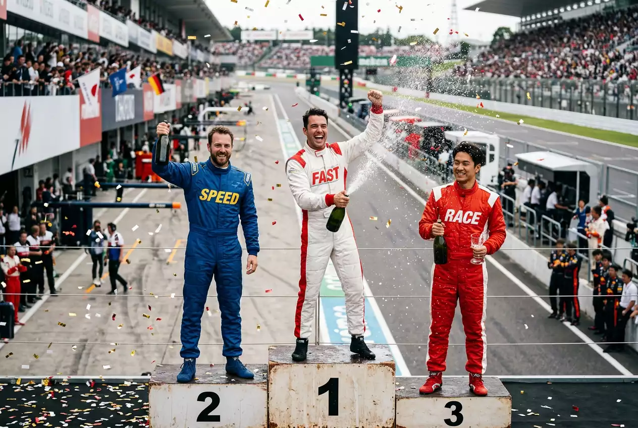 Formula 1 podium ceremony with three drivers standing on the top steps after a grand prix race