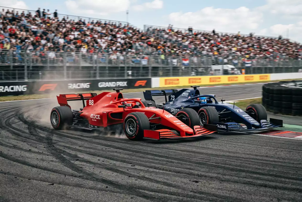 Two Formula 1 cars racing side by side through a corner during a close battle for position