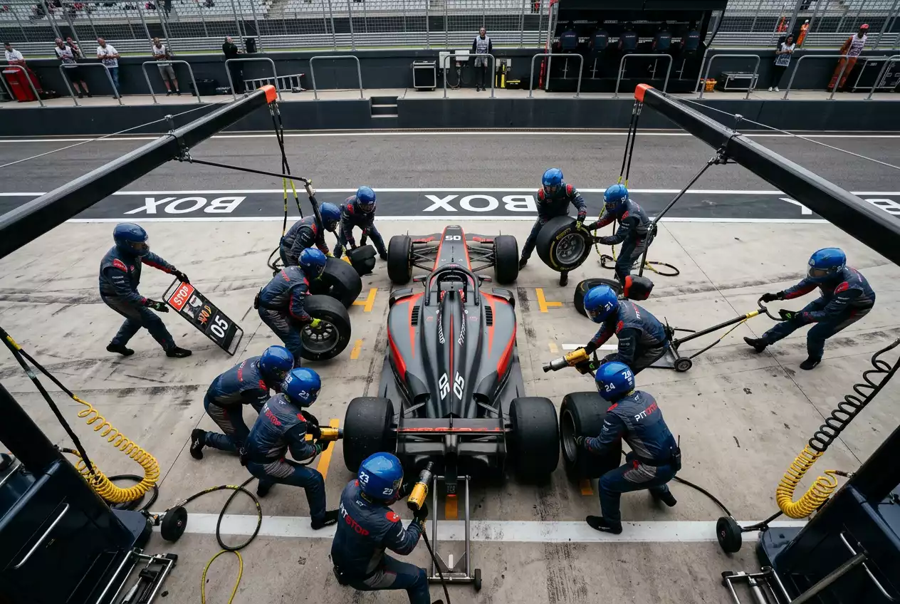 Formula 1 pit crew performing a tyre change with timing data relevant to pit stop betting markets