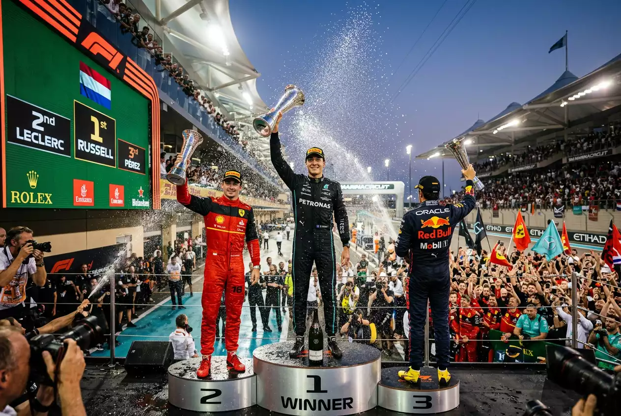 Formula 1 podium ceremony with champagne celebration showing top three finish positions for betting analysis