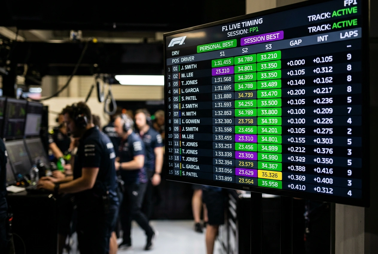 F1 timing screen showing sector splits and lap data used for betting analysis