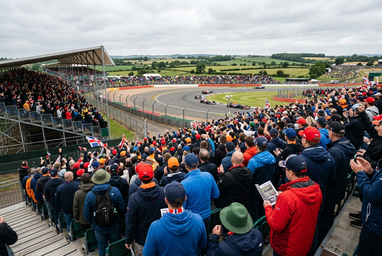 F1 fans gathered at a race weekend in the UK watching cars on track