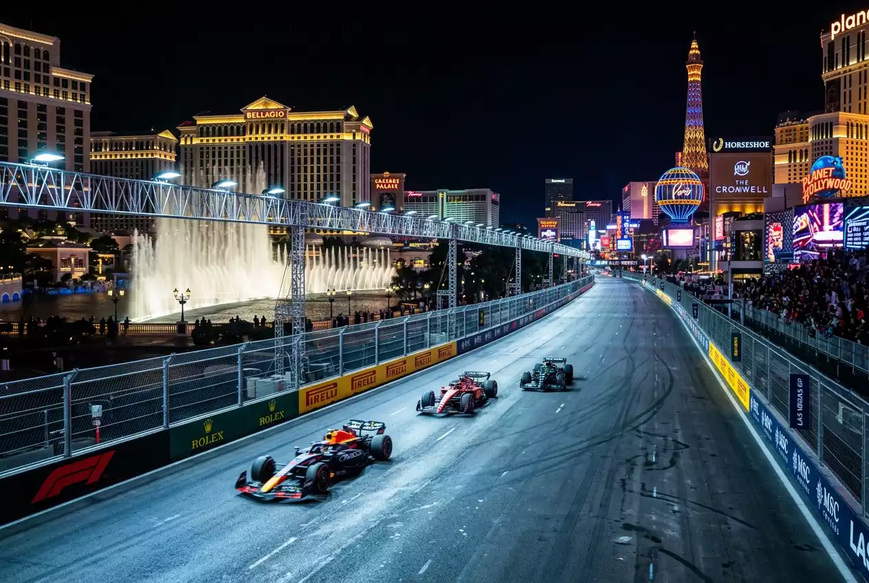 Las Vegas Strip circuit at night with casino lights and the long straight highlighted for F1 betting analysis