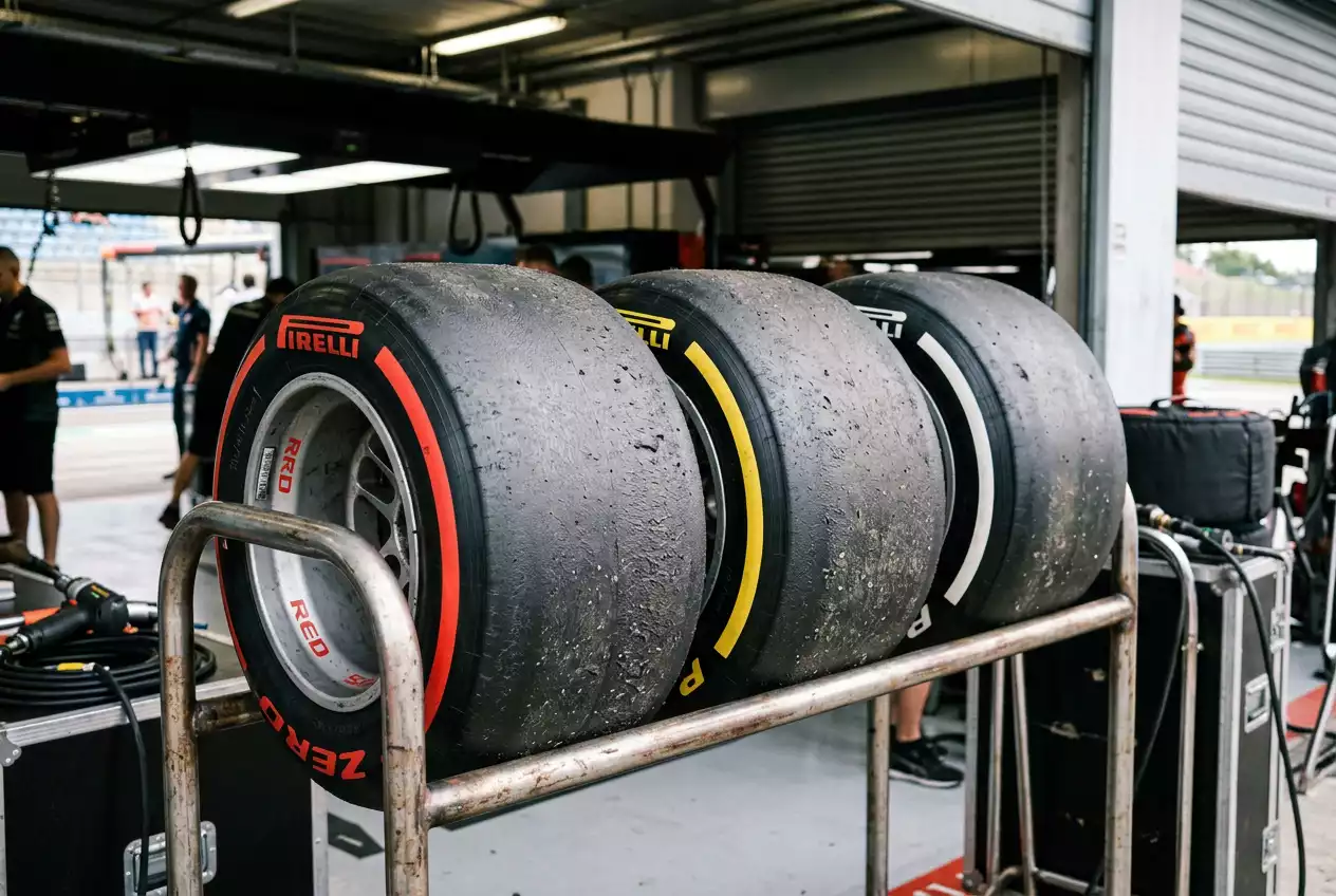Set of Formula 1 Pirelli tyres in soft medium and hard compounds stacked on a pit lane rack