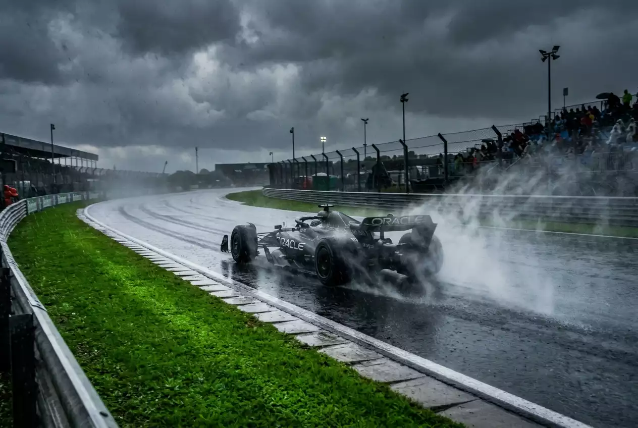 Formula 1 car driving through heavy spray on a wet circuit with dark rain clouds overhead